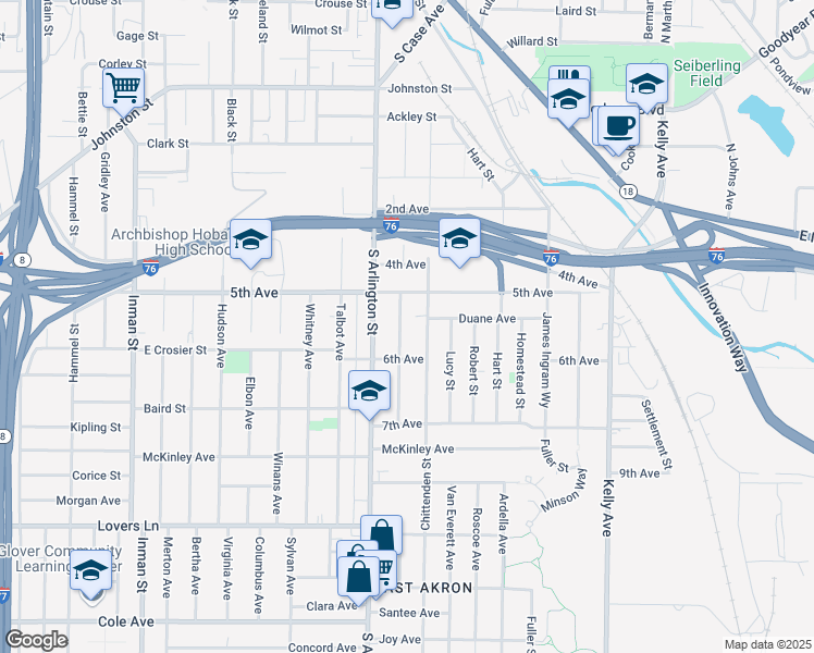 map of restaurants, bars, coffee shops, grocery stores, and more near 346 Chittenden Street in Akron