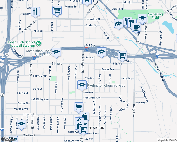 map of restaurants, bars, coffee shops, grocery stores, and more near 409 South Arlington Street in Akron