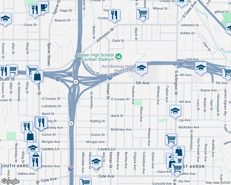 map of restaurants, bars, coffee shops, grocery stores, and more near 840 5th Avenue in Akron