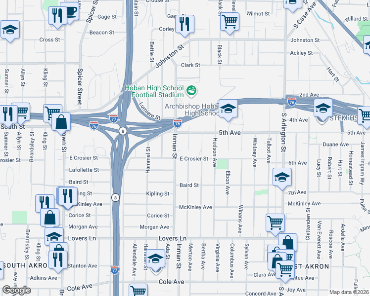 map of restaurants, bars, coffee shops, grocery stores, and more near 840 5th Avenue in Akron