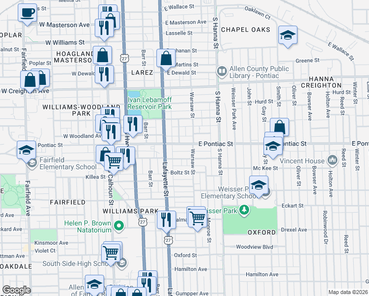 map of restaurants, bars, coffee shops, grocery stores, and more near 453 East Pontiac Street in Fort Wayne