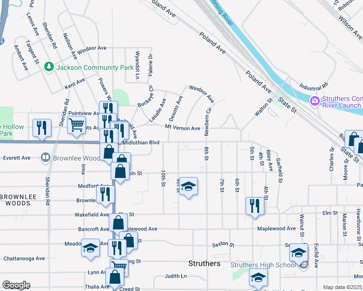 map of restaurants, bars, coffee shops, grocery stores, and more near 2517 East Midlothian Boulevard in Struthers