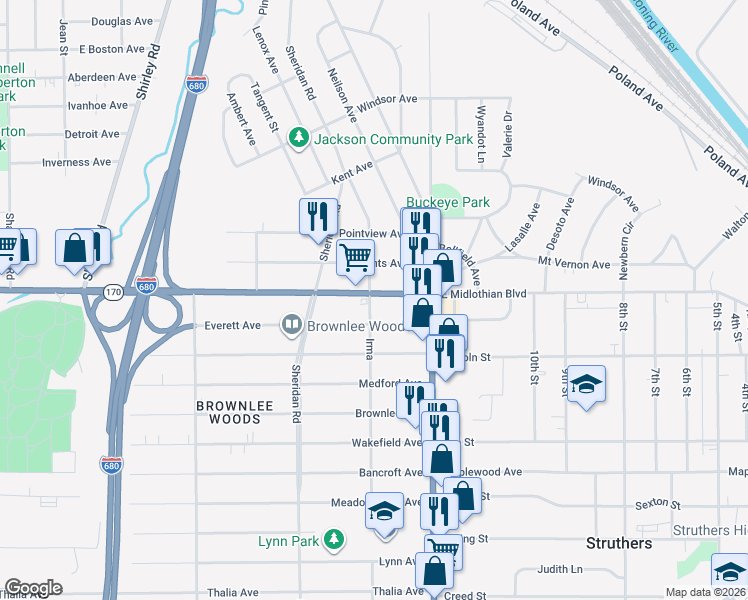 map of restaurants, bars, coffee shops, grocery stores, and more near 1942 East Midlothian Boulevard in Youngstown
