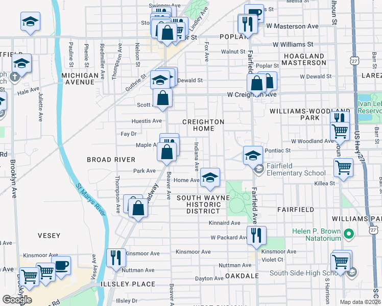map of restaurants, bars, coffee shops, grocery stores, and more near 907 Lincoln Avenue in Fort Wayne