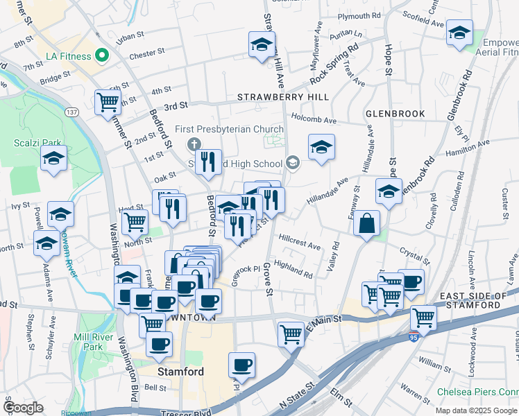 map of restaurants, bars, coffee shops, grocery stores, and more near 26 Strawberry Hill Avenue in Stamford