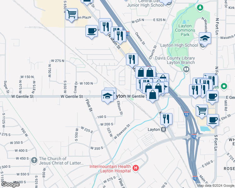 map of restaurants, bars, coffee shops, grocery stores, and more near 280 West Gentile Street in Layton