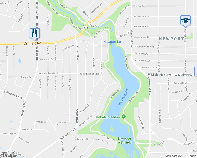 map of restaurants, bars, coffee shops, grocery stores, and more near 4004 Riverside Drive in Youngstown