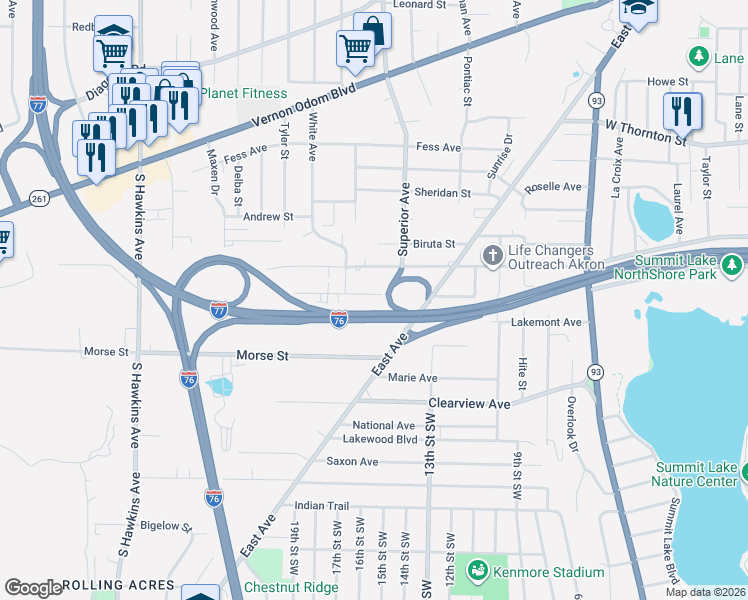 map of restaurants, bars, coffee shops, grocery stores, and more near 888 Rosamond Avenue in Akron