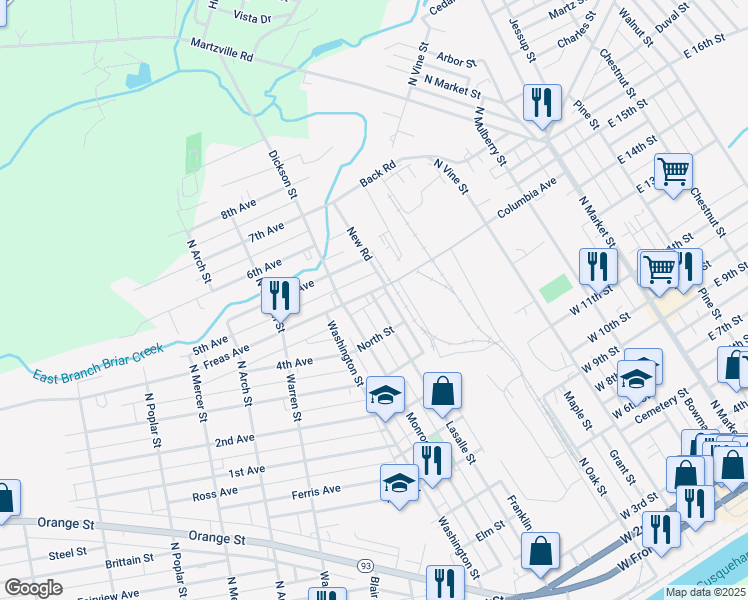 map of restaurants, bars, coffee shops, grocery stores, and more near 1043 Lasalle Street in Berwick