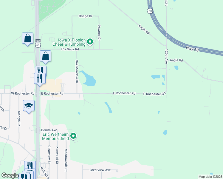 map of restaurants, bars, coffee shops, grocery stores, and more near 311-357 East Rochester Road in Ottumwa