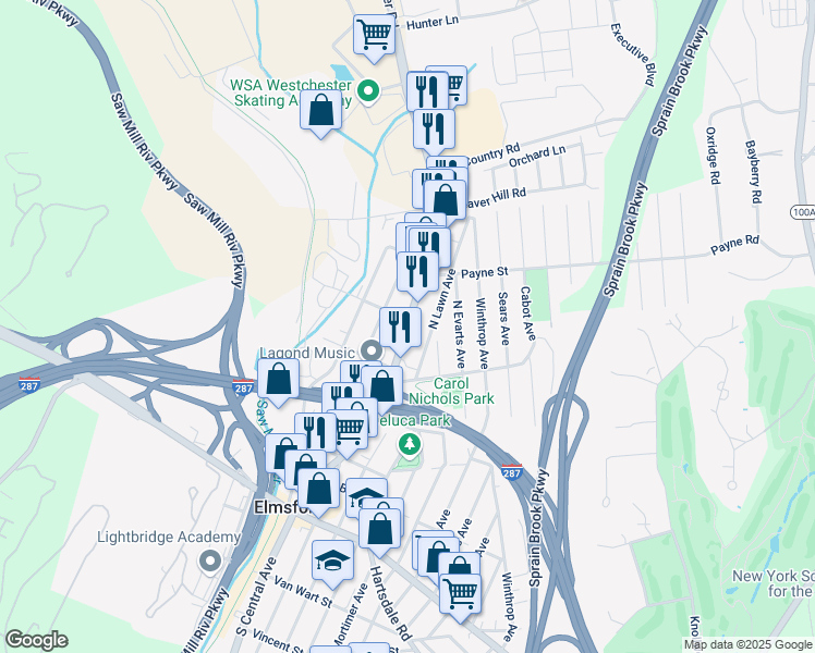 map of restaurants, bars, coffee shops, grocery stores, and more near 190 North Saw Mill River Road in Elmsford