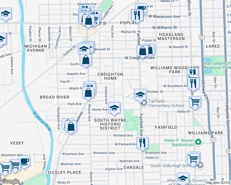 map of restaurants, bars, coffee shops, grocery stores, and more near 2614 Fox Avenue in Fort Wayne