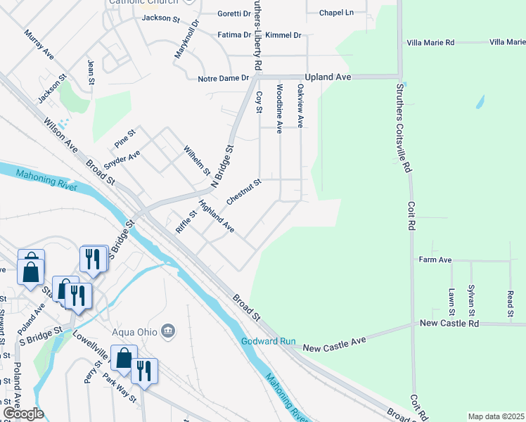 map of restaurants, bars, coffee shops, grocery stores, and more near 130 Woodbine Avenue in Struthers
