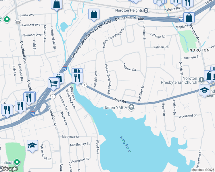 map of restaurants, bars, coffee shops, grocery stores, and more near 12A Hillside Avenue in Darien