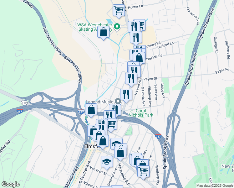 map of restaurants, bars, coffee shops, grocery stores, and more near 79 Nepperhan Avenue in Elmsford