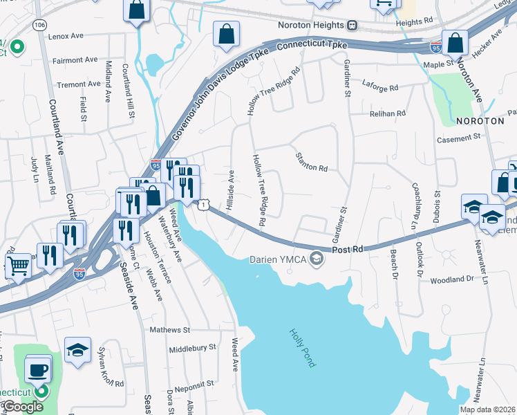 map of restaurants, bars, coffee shops, grocery stores, and more near 12A Hillside Avenue in Darien