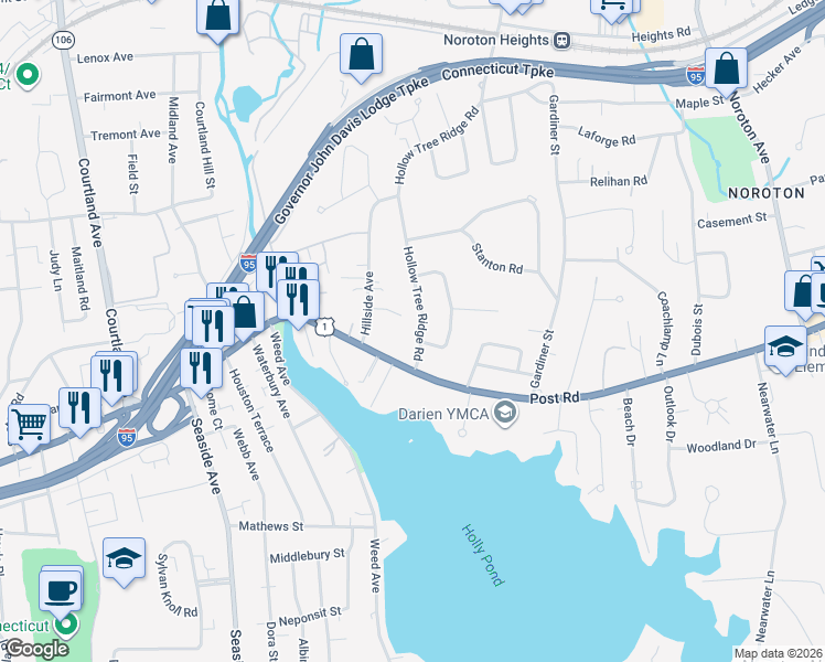 map of restaurants, bars, coffee shops, grocery stores, and more near 12A Hillside Avenue in Darien