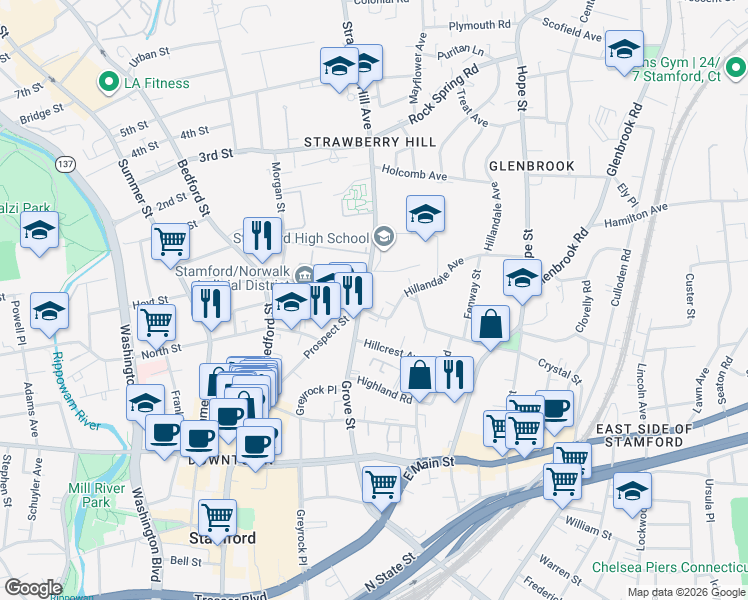 map of restaurants, bars, coffee shops, grocery stores, and more near 27 Strawberry Hill Avenue in Stamford