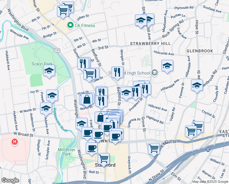 map of restaurants, bars, coffee shops, grocery stores, and more near 725 Bedford Street in Stamford
