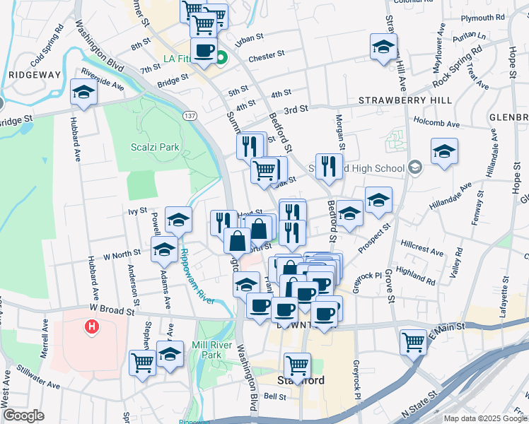map of restaurants, bars, coffee shops, grocery stores, and more near 159 Franklin Street in Stamford