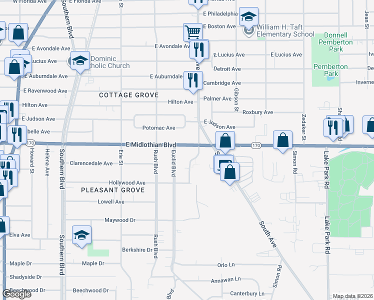 map of restaurants, bars, coffee shops, grocery stores, and more near 360 East Midlothian Boulevard in Youngstown