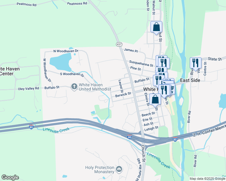 map of restaurants, bars, coffee shops, grocery stores, and more near 621 Hemlock Street in White Haven