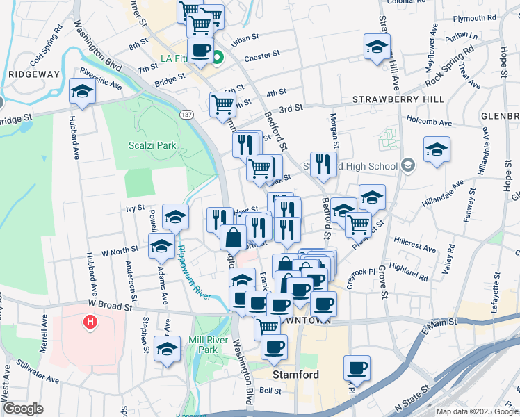 map of restaurants, bars, coffee shops, grocery stores, and more near 159 Franklin Street in Stamford