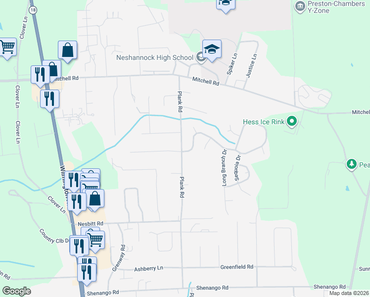 map of restaurants, bars, coffee shops, grocery stores, and more near 107 Neshannock Trails Drive in New Castle