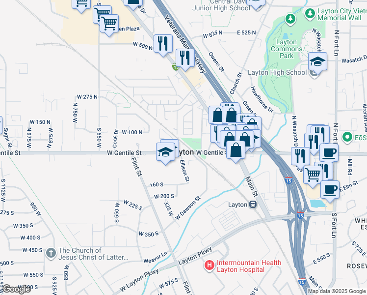 map of restaurants, bars, coffee shops, grocery stores, and more near 276 West Gentile Street in Layton