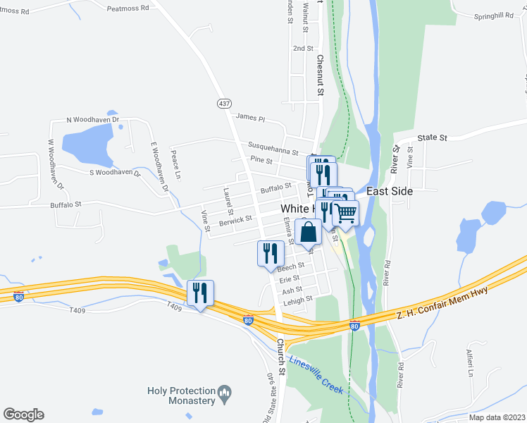 map of restaurants, bars, coffee shops, grocery stores, and more near 417 Berwick Street in White Haven