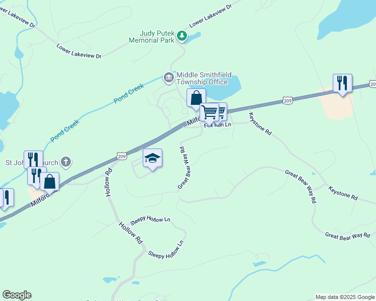 map of restaurants, bars, coffee shops, grocery stores, and more near 123 Great Bear Way Road in East Stroudsburg