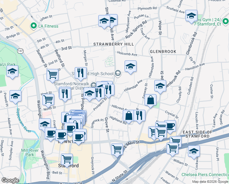 map of restaurants, bars, coffee shops, grocery stores, and more near 27 Strawberry Hill Avenue in Stamford