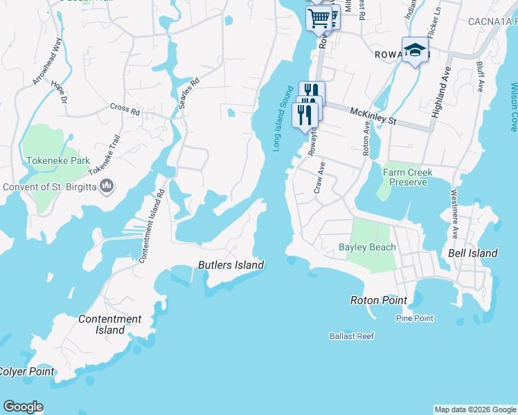 map of restaurants, bars, coffee shops, grocery stores, and more near 12 North Road in Darien