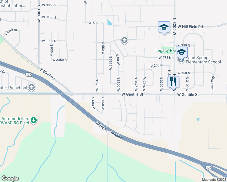 map of restaurants, bars, coffee shops, grocery stores, and more near 3652 West Gentile Street in Layton