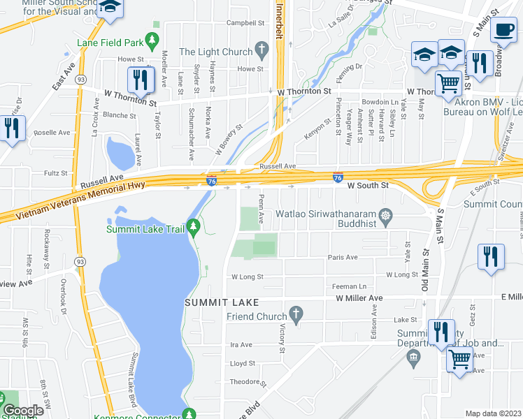 map of restaurants, bars, coffee shops, grocery stores, and more near 299 Penn Court in Akron