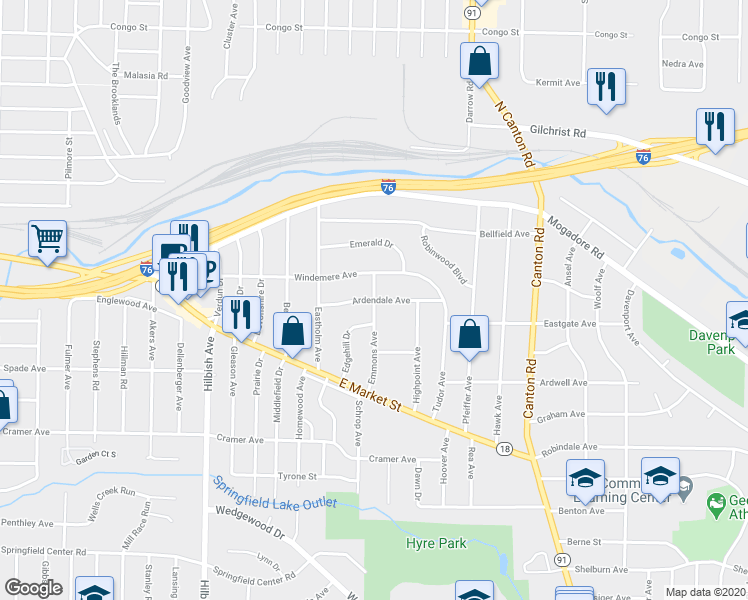 map of restaurants, bars, coffee shops, grocery stores, and more near 119 Emmons Avenue in Akron