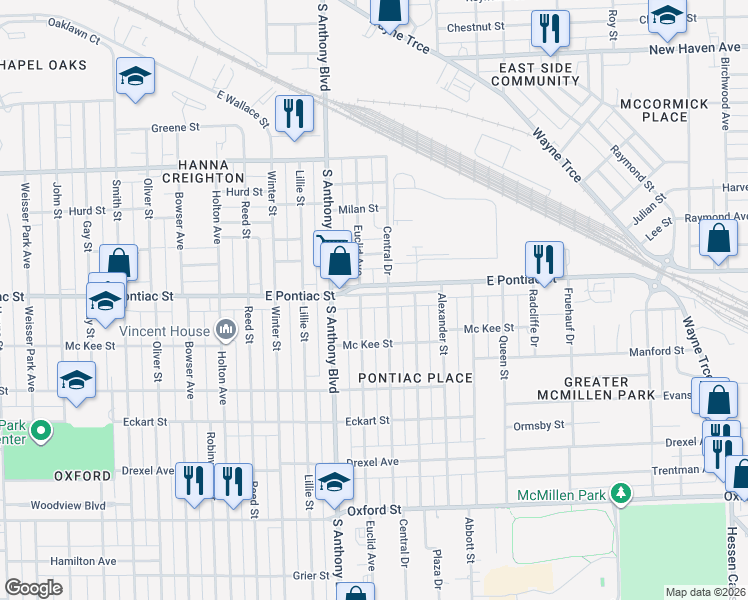 map of restaurants, bars, coffee shops, grocery stores, and more near 2001 East Pontiac Street in Fort Wayne