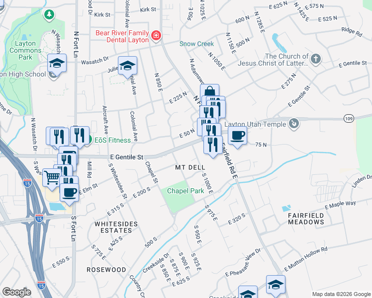 map of restaurants, bars, coffee shops, grocery stores, and more near 942 East Gentile Street in Layton