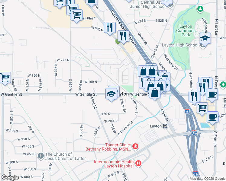 map of restaurants, bars, coffee shops, grocery stores, and more near 356 West 25 North in Layton