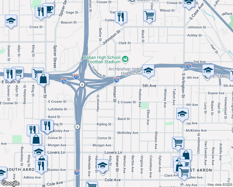 map of restaurants, bars, coffee shops, grocery stores, and more near 653 Inman Street in Akron