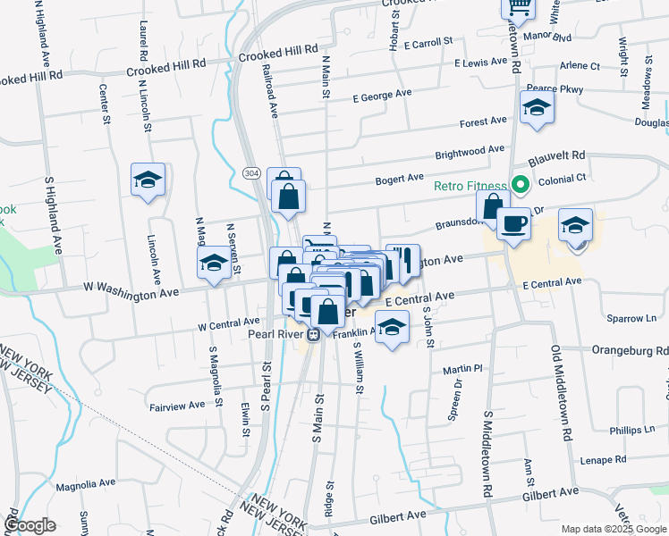 map of restaurants, bars, coffee shops, grocery stores, and more near 47 North William Street in Pearl River