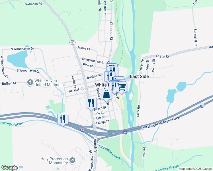 map of restaurants, bars, coffee shops, grocery stores, and more near in White Haven