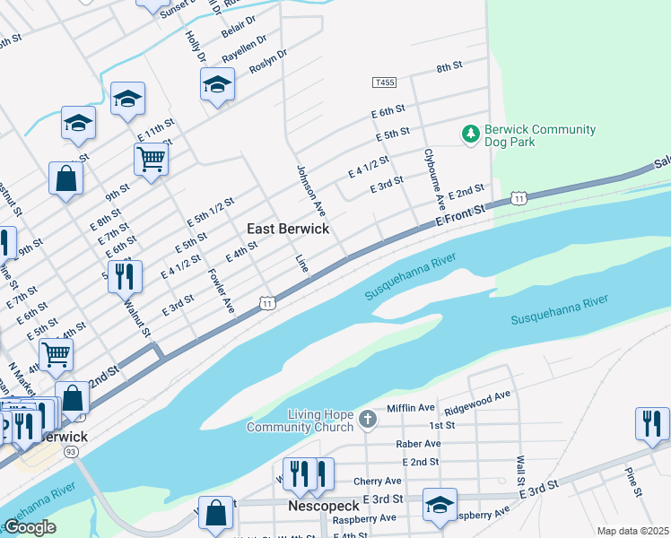 map of restaurants, bars, coffee shops, grocery stores, and more near 901 East Front Street in Berwick