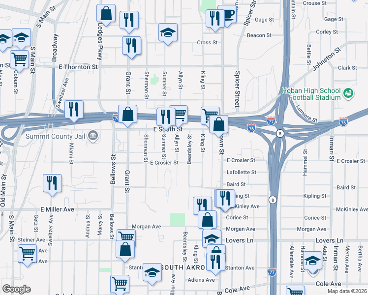 map of restaurants, bars, coffee shops, grocery stores, and more near 780 Beardsley Street in Akron