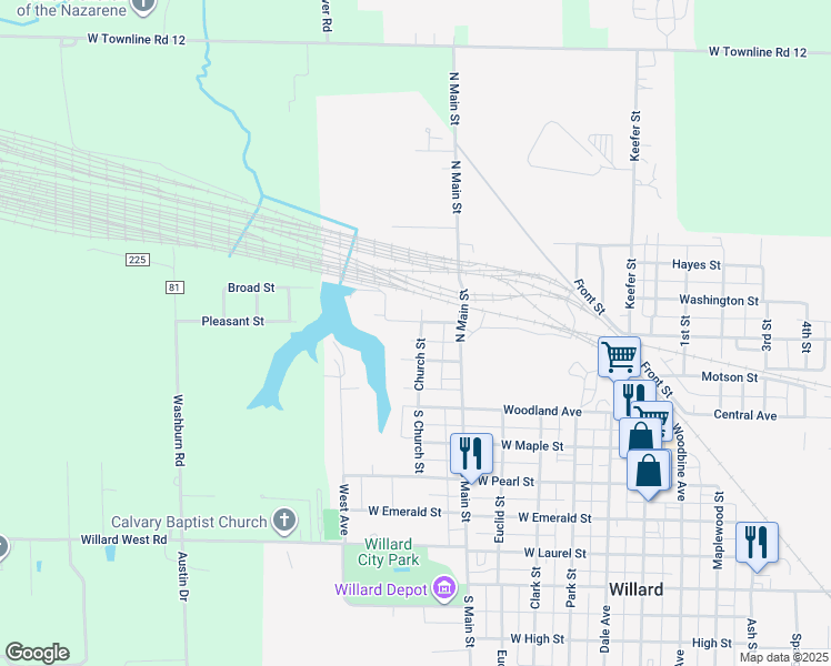 map of restaurants, bars, coffee shops, grocery stores, and more near 614 Pleasant Street in Willard