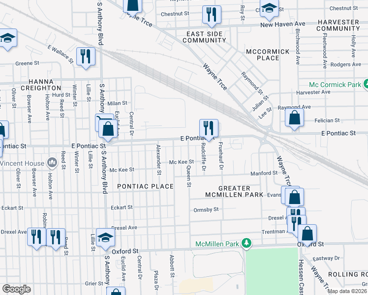 map of restaurants, bars, coffee shops, grocery stores, and more near 2330 East Pontiac Street in Fort Wayne