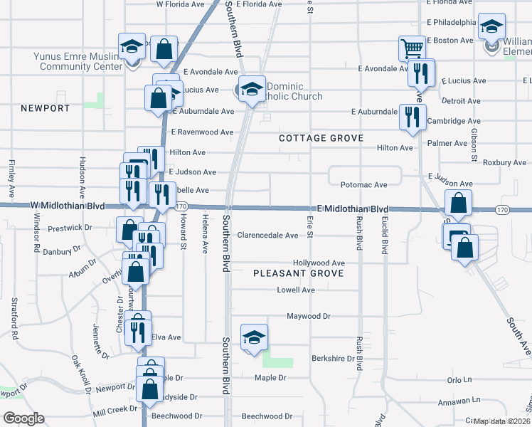 map of restaurants, bars, coffee shops, grocery stores, and more near 145 East Midlothian Boulevard in Youngstown