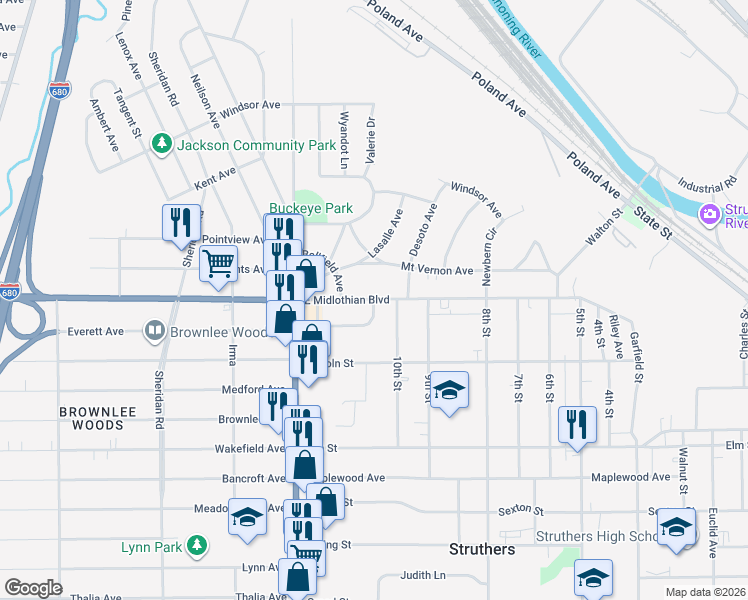 map of restaurants, bars, coffee shops, grocery stores, and more near 44 Crescent Drive in Struthers