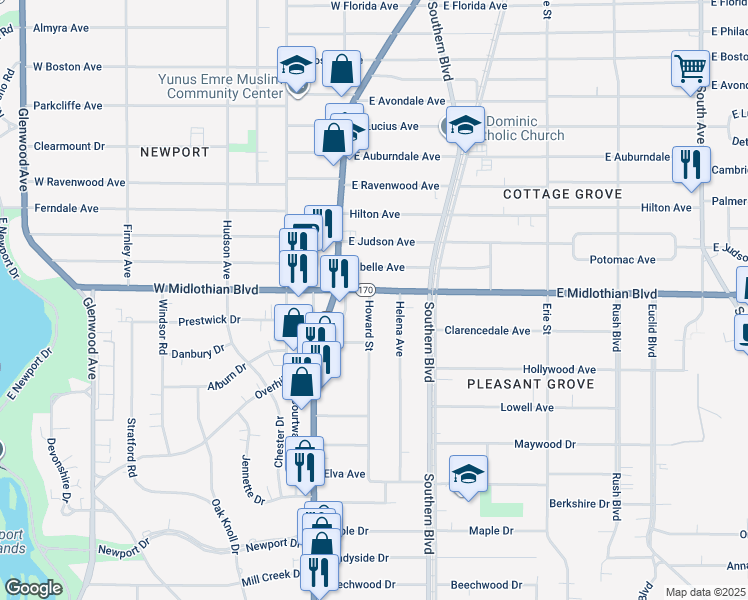 map of restaurants, bars, coffee shops, grocery stores, and more near 41 E Midlothian Blvd in Youngstown