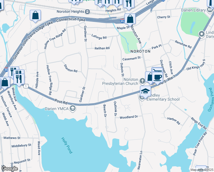 map of restaurants, bars, coffee shops, grocery stores, and more near 10 Salt Box Lane East in Darien